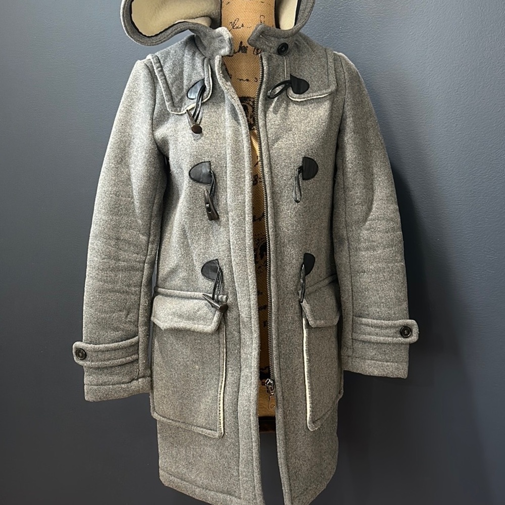 ZARA Winter Coat XS Grey White Fur Lined Hood Toggle Coat